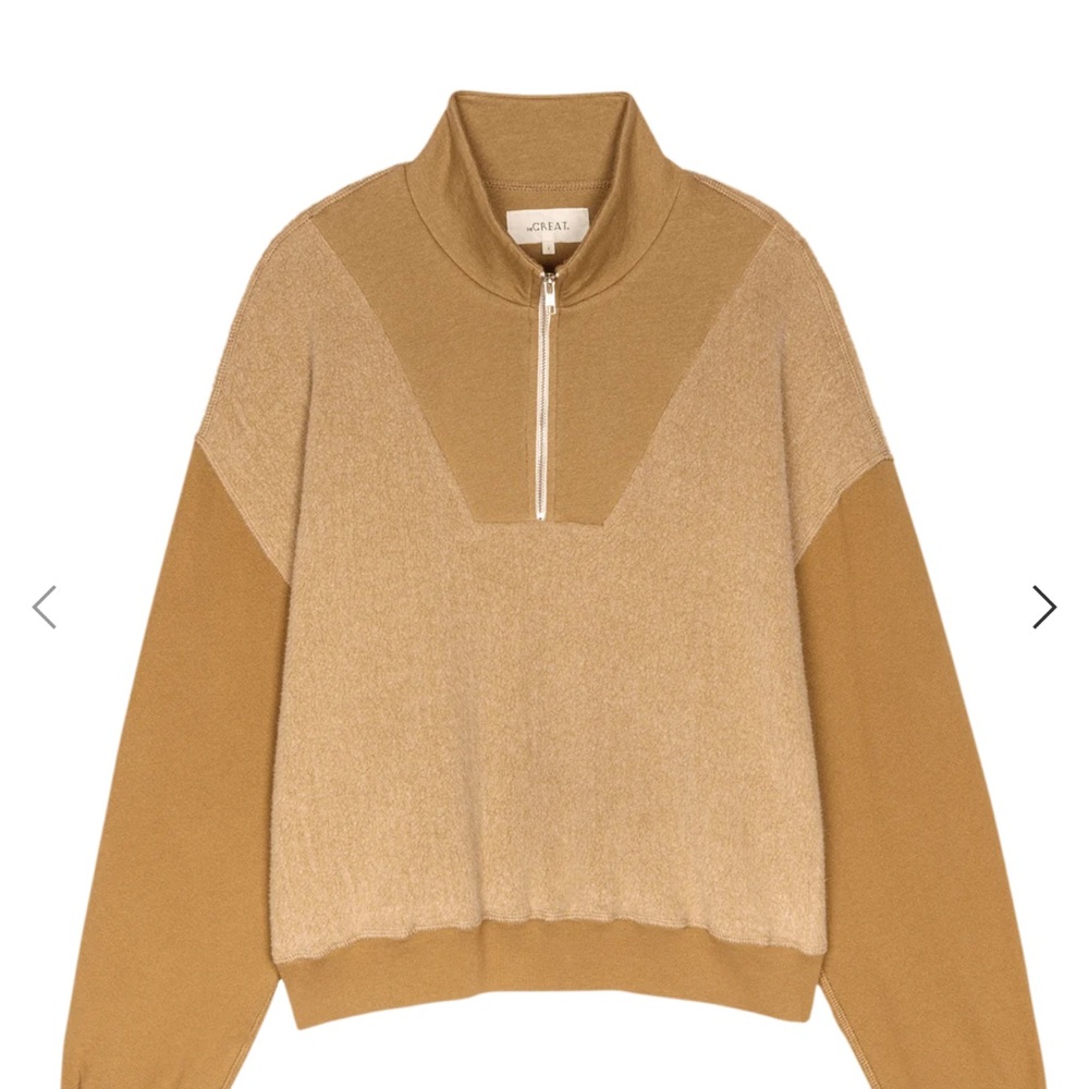THE GREAT. Two-Tone Camel and Beige Half-Zip Sweater